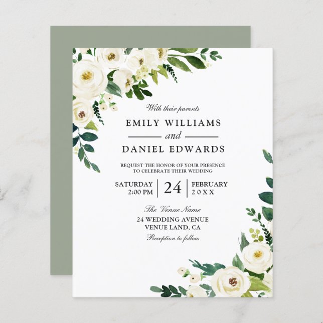 White Flowers Beautiful Budget Wedding Invitation (Front/Back)