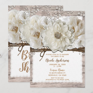 White Flowers & Birch Rustic Glam Bridal Shower Invitation