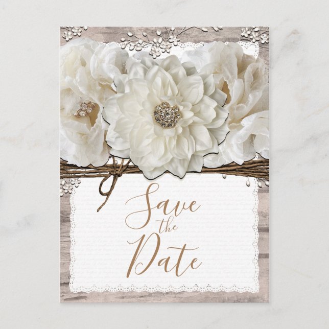 White Flowers & Birch Rustic Glam Save the Date Announcement Postcard (Front)