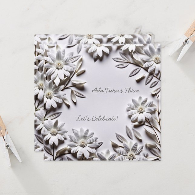 White Flowers Birthday Invitation (Front/Back In Situ)