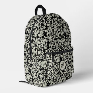 White flowers black background printed backpack