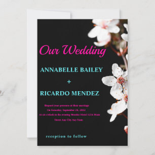 White Flowers/Black Background Wedding Invitation