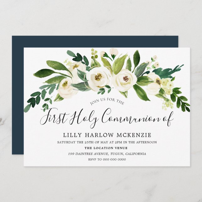 White Flowers Blooming First Holy Communion Invite (Front/Back)
