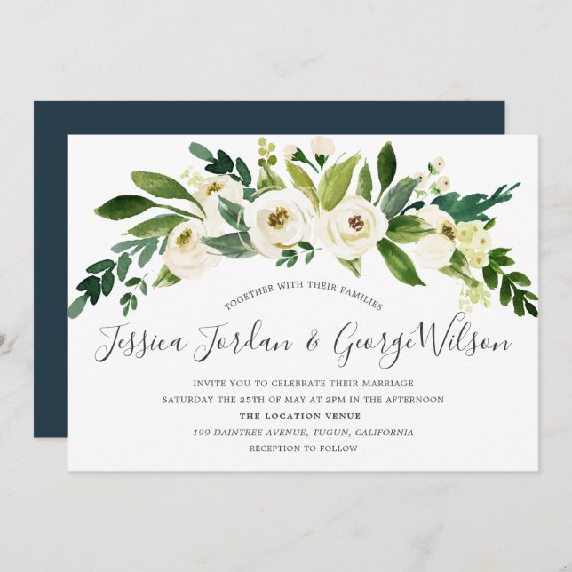 White Flowers Blooming Wedding Invitation (Front/Back)