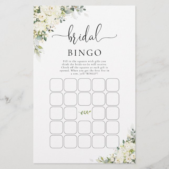 White Flowers Bridal Shower Bingo (Front)