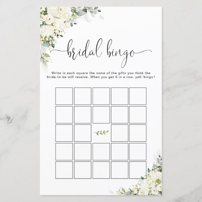 White Flowers Bridal Shower Bingo (Front)