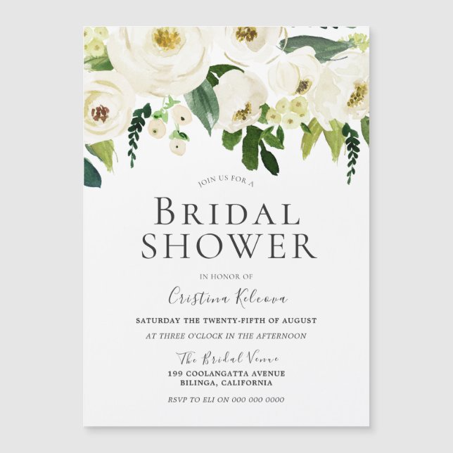 White Flowers Bridal Shower Magnetic Invitation (Front)
