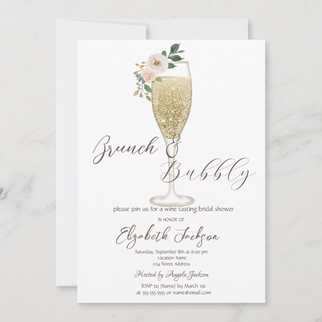White Flowers Champagne Glass Brunch & Bubbly  Invitation (Front)