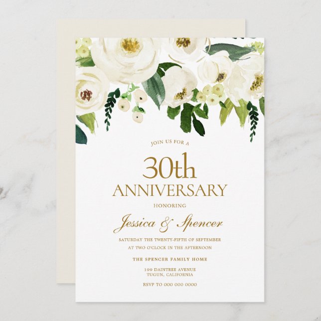 White Flowers & Cream 30th Wedding Anniversary Invitation (Front/Back)