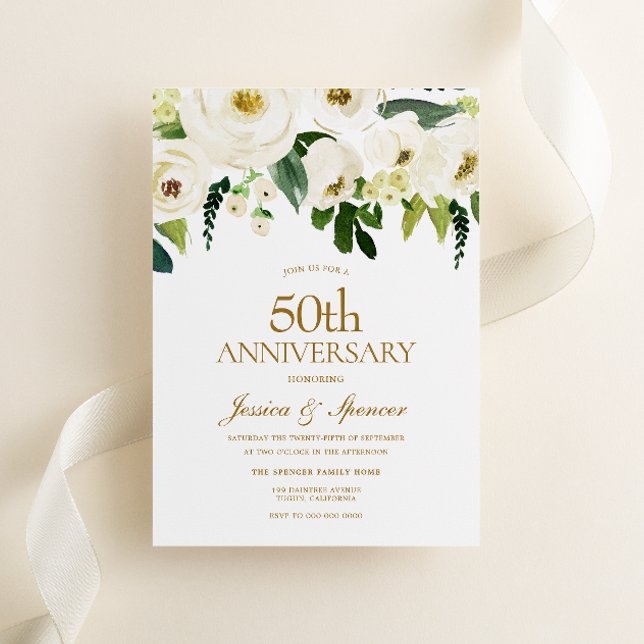 White Flowers & Cream 50th Wedding Anniversary Invitation (Creator Uploaded)