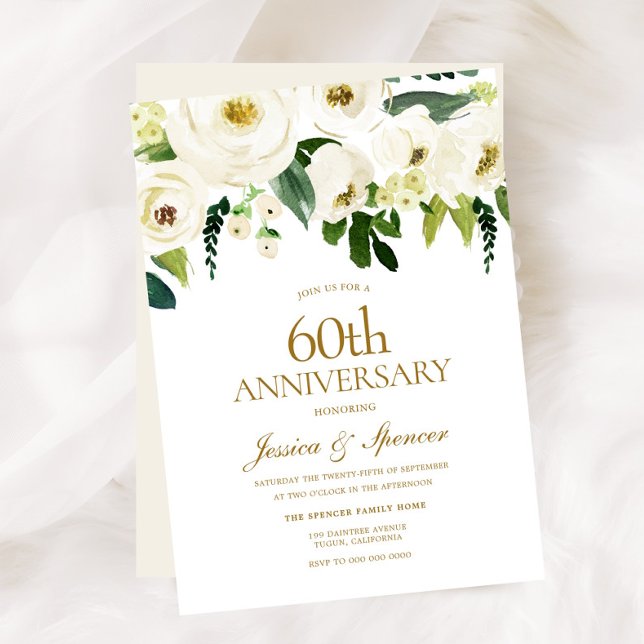 White Flowers & Cream 60th Wedding Anniversary Invitation (Creator Uploaded)