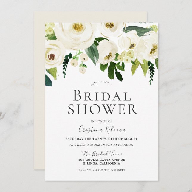 White Flowers & Cream Elegant Bridal Shower Invitation (Front/Back)