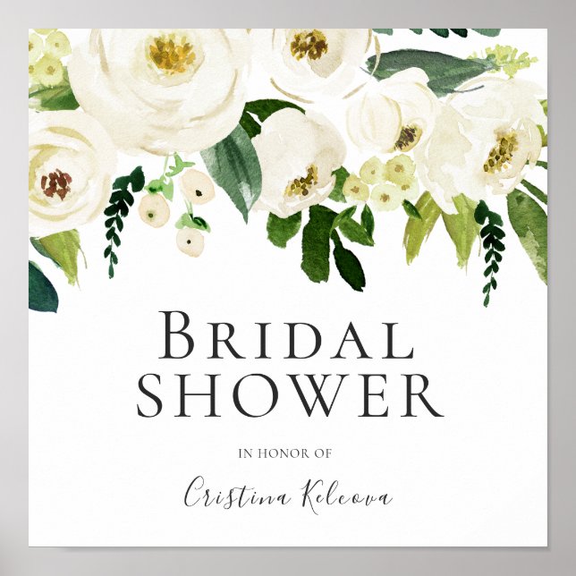 White Flowers & Cream Elegant Sign Bridal Shower (Front)