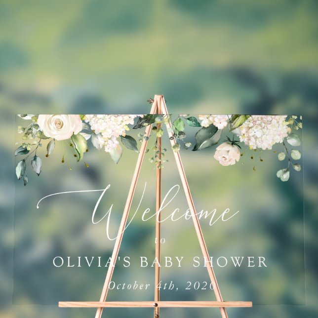 White Flowers, Cream Flowers, Baby Shower Welcome Acrylic Sign (Neutral)