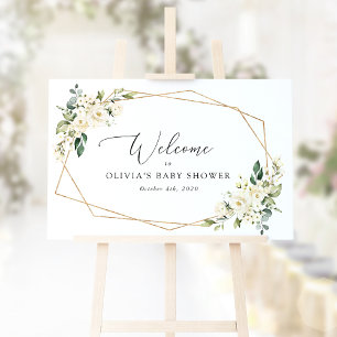 White Flowers, Cream Flowers, Baby Shower Welcome Poster