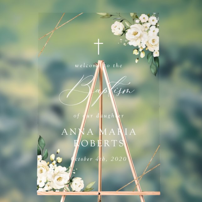White Flowers, Cream Flowers, Baptism Welcome Acrylic Sign (Neutral)