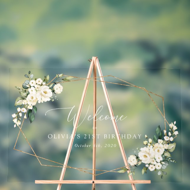 White Flowers, Cream Flowers, Birthday Welcome  Acrylic Sign (Neutral)