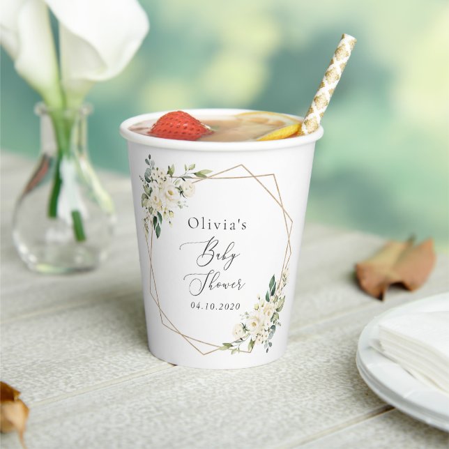 White Flowers, Cream Flowers, Boho, Baby Shower Paper Cups (Insitu)