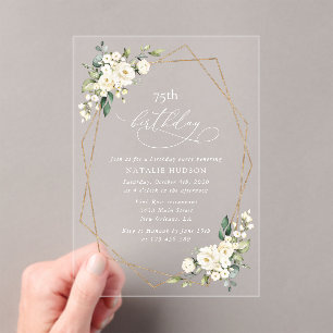 White Flowers, Cream Flowers, Boho, Birthday Acrylic Invitations