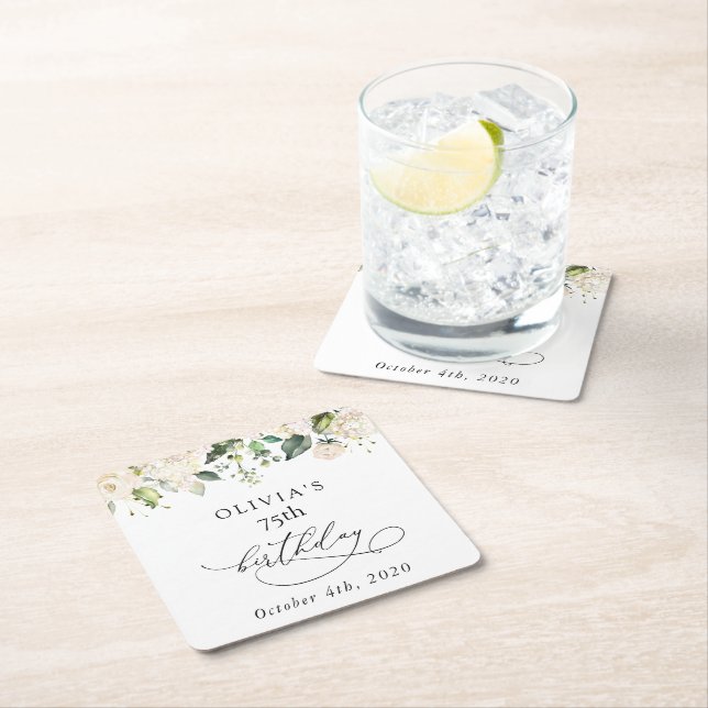 White Flowers, Cream Flowers, Boho, Birthday Square Paper Coaster (Insitu)