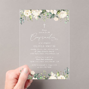 White Flowers, Cream Flowers, Boho, Confirmation Acrylic Invitations