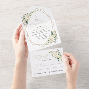 White Flowers, Cream Flowers, Boho, Confirmation All In One Invitation