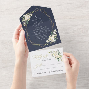 White Flowers, Cream Flowers, Boho, Floral Baptism All In One Invitation