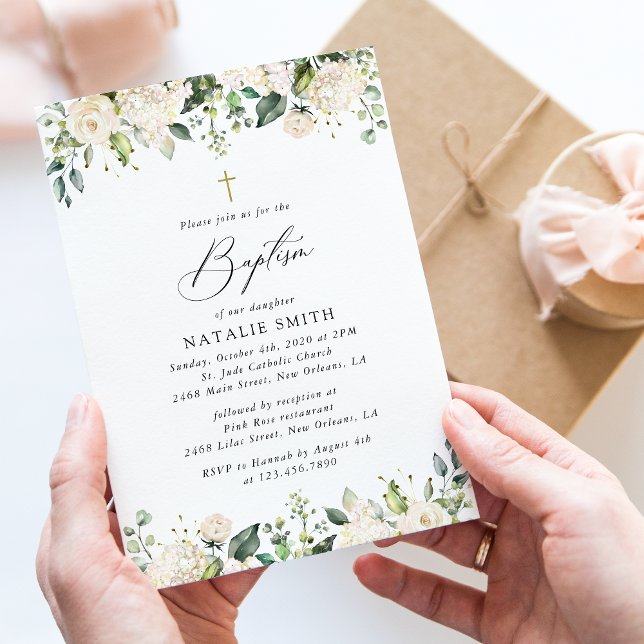 White Flowers, Cream Flowers, Boho, Floral Baptism Invitation (Creator Uploaded)