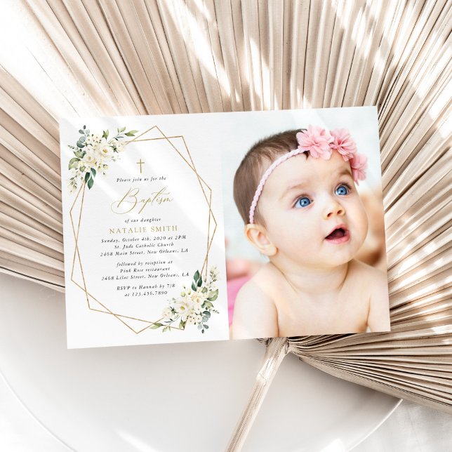 White Flowers, Cream Flowers, Boho, Floral Baptism Invitation (Creator Uploaded)