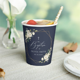 White Flowers, Cream Flowers, Boho, Floral Baptism Paper Cups