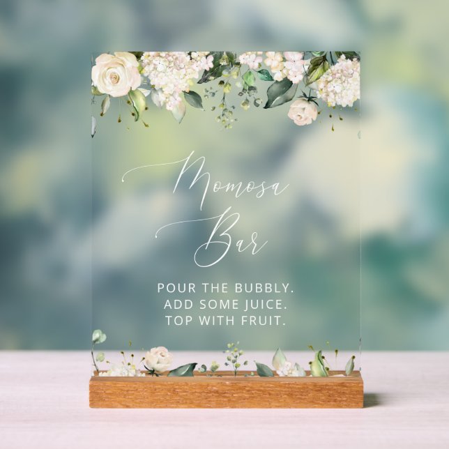 White Flowers, Cream Flowers, Boho, Momosa Bar Acrylic Sign (Neutral)