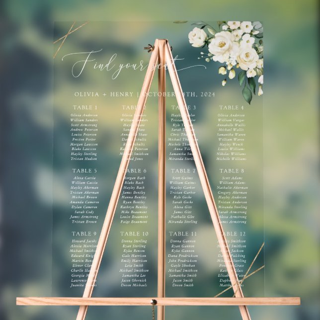White Flowers, Cream Flowers, Boho, Seating Chart (Neutral)