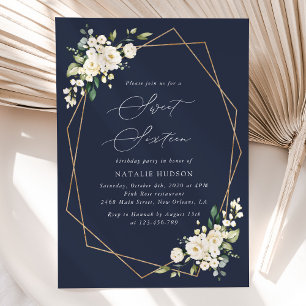 White Flowers, Cream Flowers, Boho, Sweet 16  Invitation