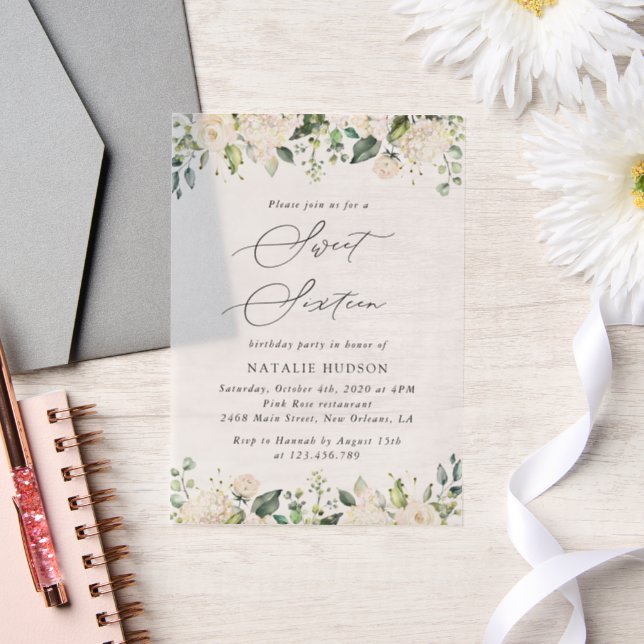 White Flowers, Cream Flowers, Boho, Sweet 16 Vellum Invitations (Wedding)