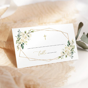 White Flowers, Cream Flowers, Greenery, Baptism Place Card