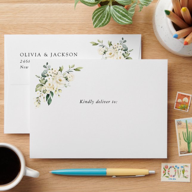 White Flowers, Cream Flowers, Greenery, Wedding Envelope (Desk)