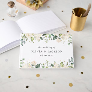 White Flowers, Cream Flowers, Greenery, Wedding Guest Book