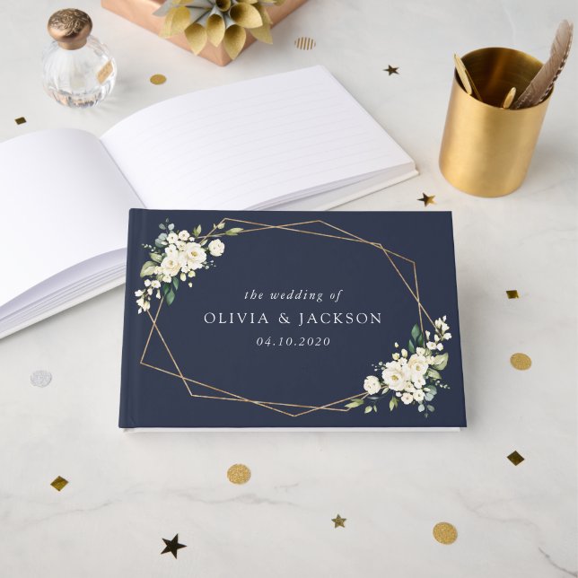 White Flowers, Cream Flowers, Greenery, Wedding Guest Book (Front Open)