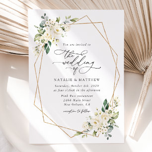 White Flowers, Cream Flowers, Greenery, Wedding Invitation