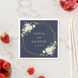 White Flowers, Cream Flowers, Greenery, Wedding Napkin