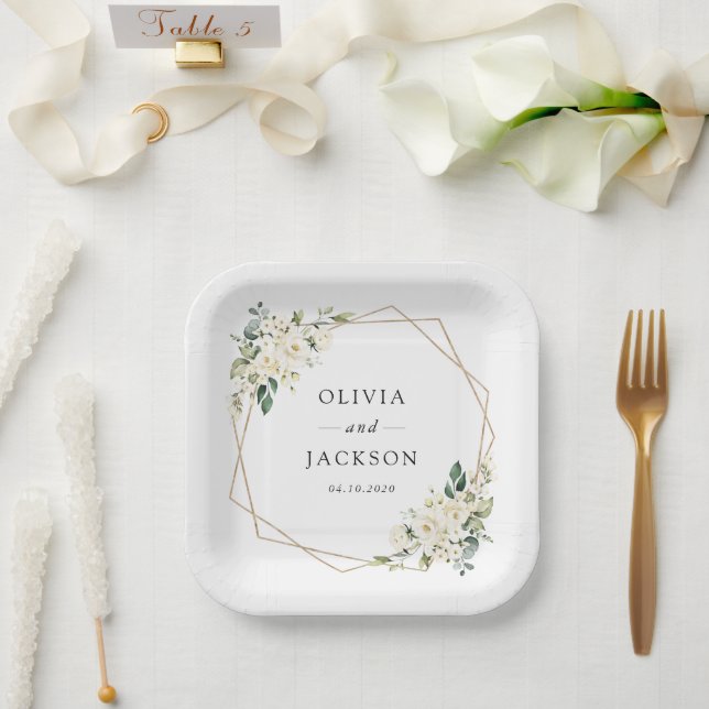 White Flowers, Cream Flowers, Greenery, Wedding Paper Plate (Wedding)
