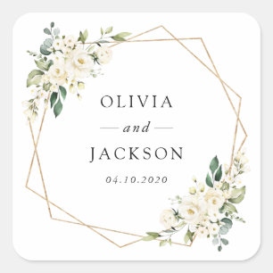 White Flowers, Cream Flowers, Greenery, Wedding Square Sticker