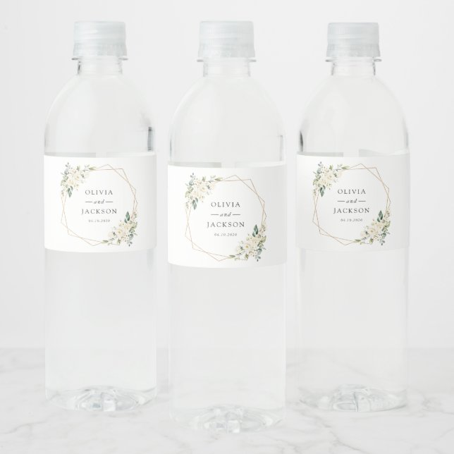 White Flowers, Cream Flowers, Greenery, Wedding Water Bottle Label (Bottles)