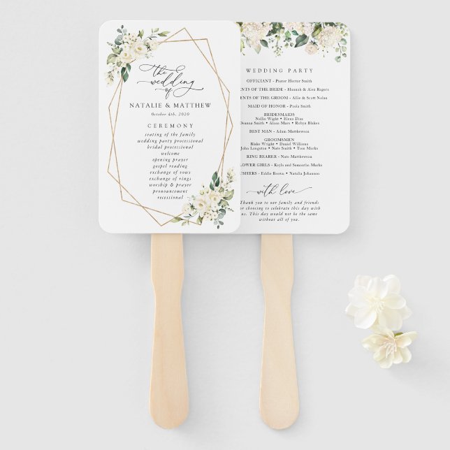 White Flowers, Cream Flowers, Wedding Program Hand Fan (Front and Back)
