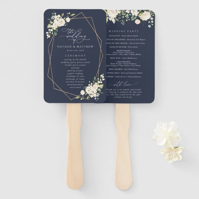 White Flowers, Cream Flowers, Wedding Program Hand Fan (Front and Back)