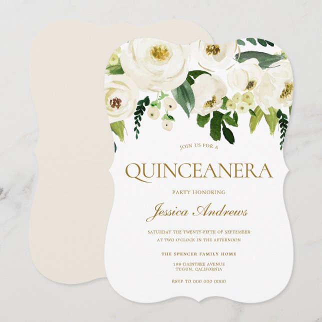 White Flowers & Cream Quinceanera Party Invitation (Front/Back)