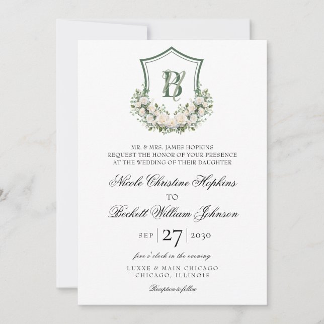 White Flowers Crest Wedding Invitation (Front)