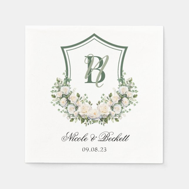 White Flowers Crest Wedding Napkin (Front)