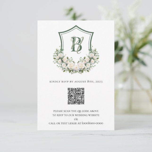 White Flowers Crest Wedding RSVP Card (Standing Front)