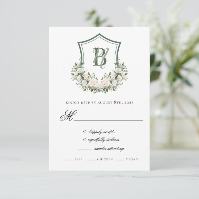 White Flowers Crest Wedding RSVP Card (Standing Front)